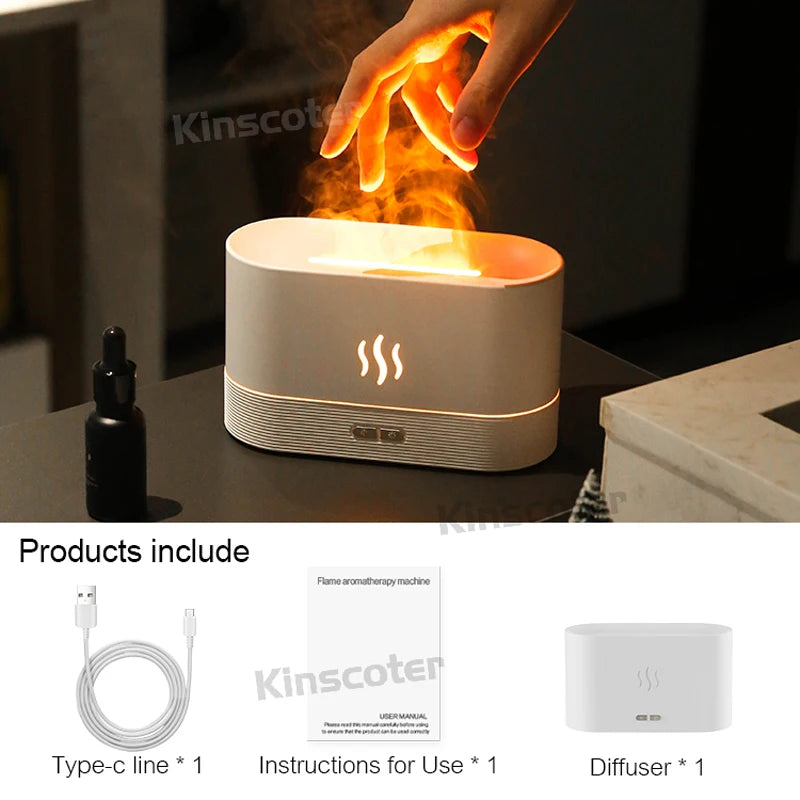 USB Desktop Flame Aroma Diffuser Humidifier 7 Colors Simulation Light Aromatherapy Air Purifier for Bedroom/Essential oil set