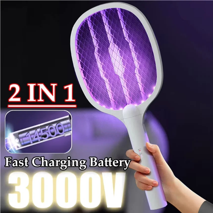 Handheld Electric Fly Swatter 3000V Bug Zapper Racket 2 in 1 Fly Swatter with USB Rechargeable Mosquito Killer Lamp Pest Control
