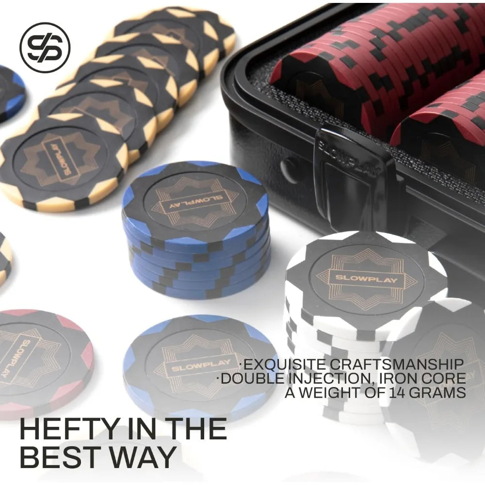 SLOWPLAY 14g Clay Poker Chips Set for Texas Hold'em, 500 PCS, with Numbered Values, Art Deco Style, and Carrying Case