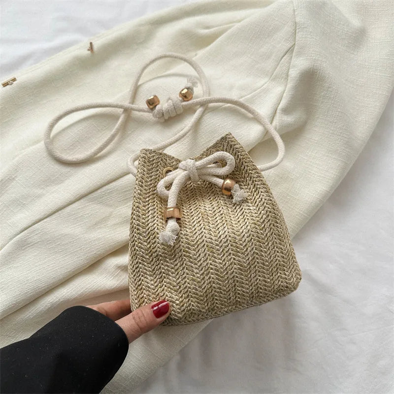 Straw Bags Cute Handbag Summer Beach Crossbody Purse Women Small Straw Crossbody Purse Adjustable Strap with Drawstring