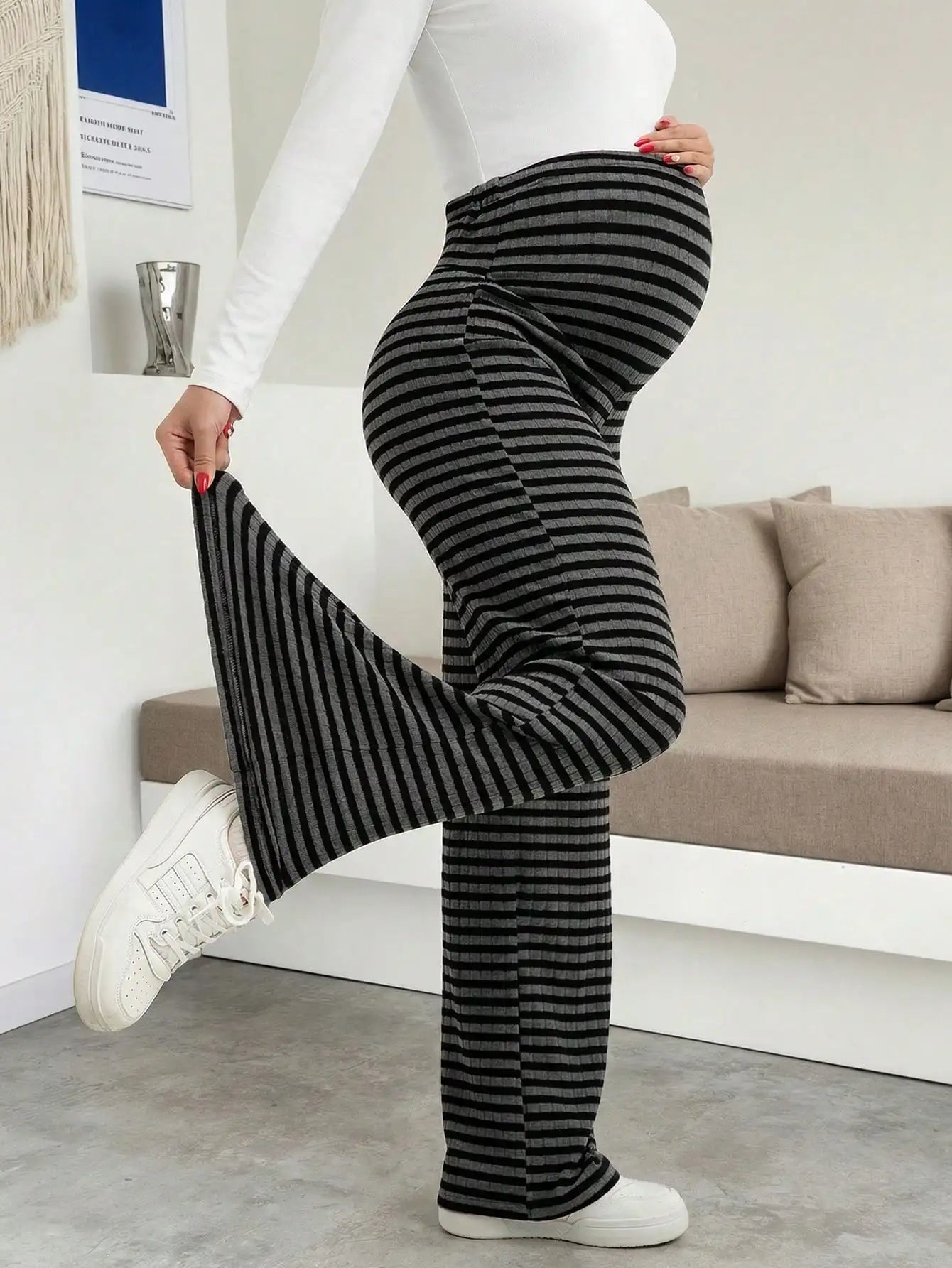 Maternity Women's Striped Ribbed Wide Leg Over Bump Jeans for Casual Daily and Lounge Wear