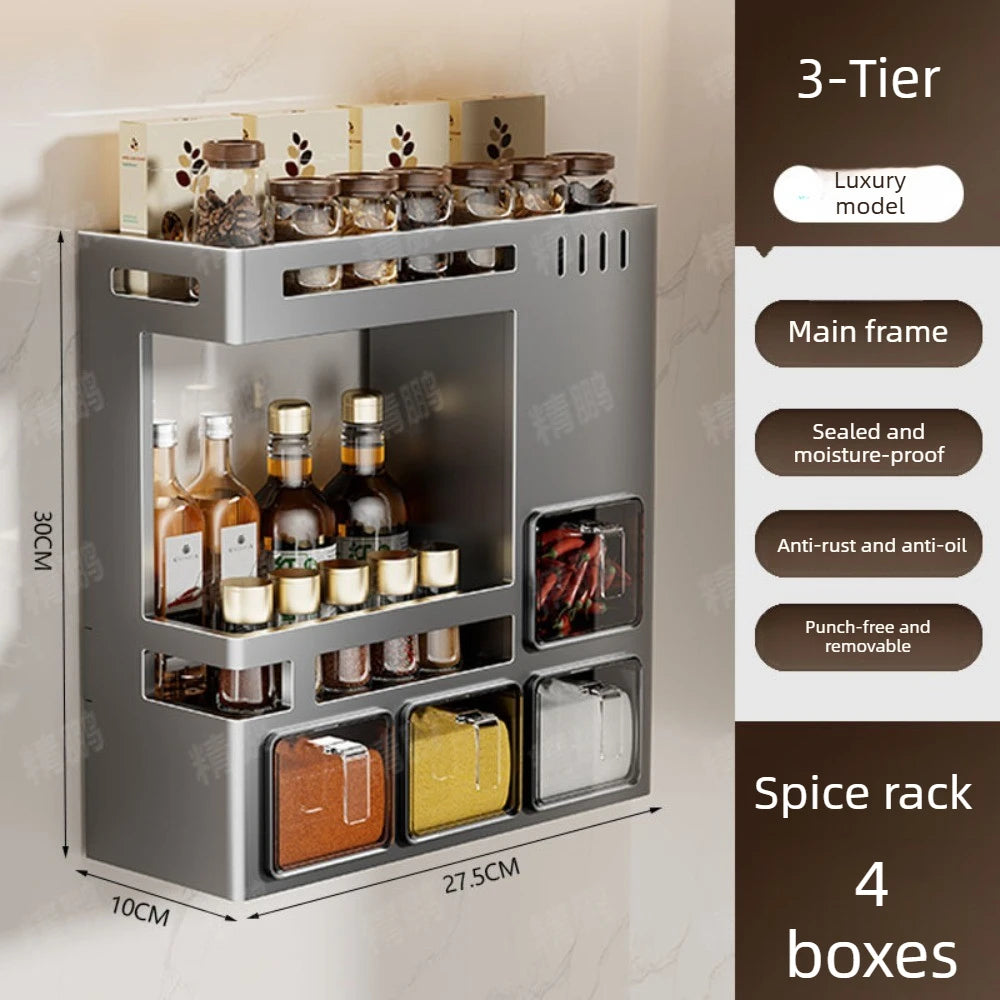 No-Drill Kitchen Multifunctional Seasoning Storage Organizer Wall Mounted Carbon Steel Hanging Rack Pull-Out Spice Jar Holder