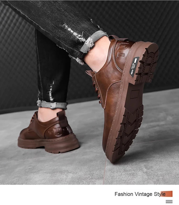 Men's Outdoor Casual Leather Shoes Lace Free Retro Soft Bottom Low-Top Work Shoes