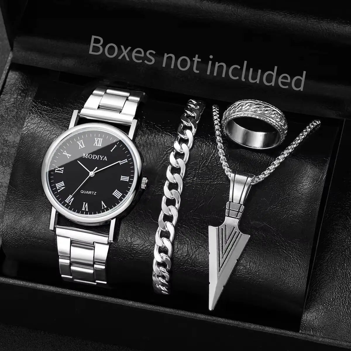 4PCS/Set Fashion Men Business Watches Simple Roma Dial Quartz Wristwatch Jewelry Set Reloj Hombre（Without Box）