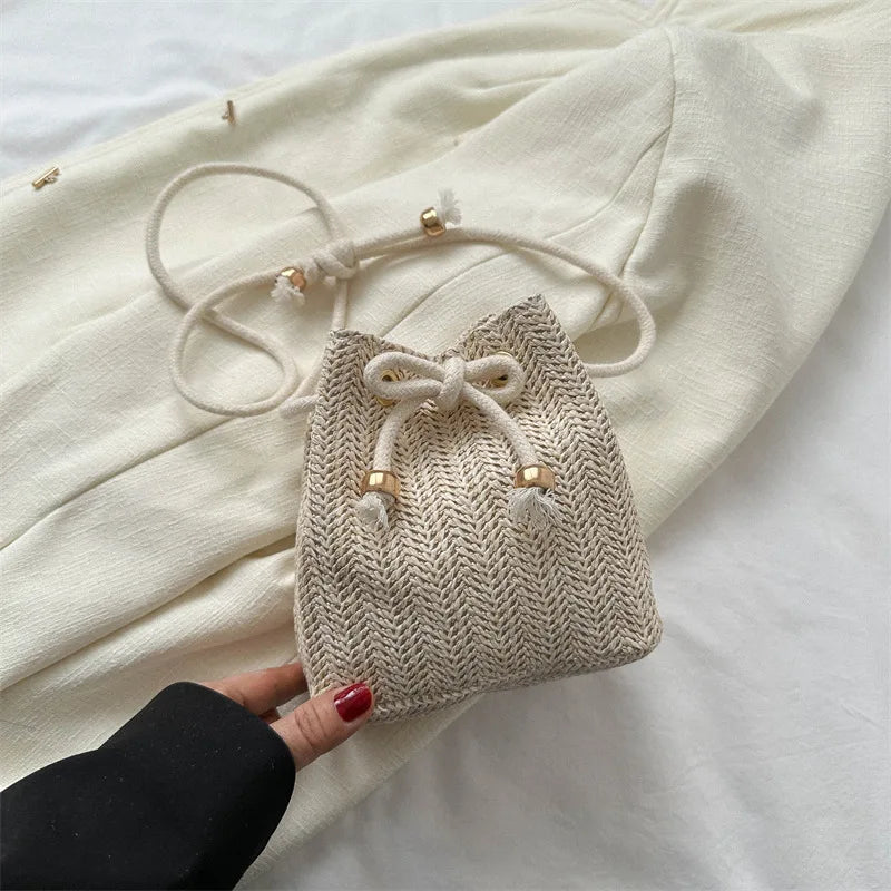 Straw Bags Cute Handbag Summer Beach Crossbody Purse Women Small Straw Crossbody Purse Adjustable Strap with Drawstring
