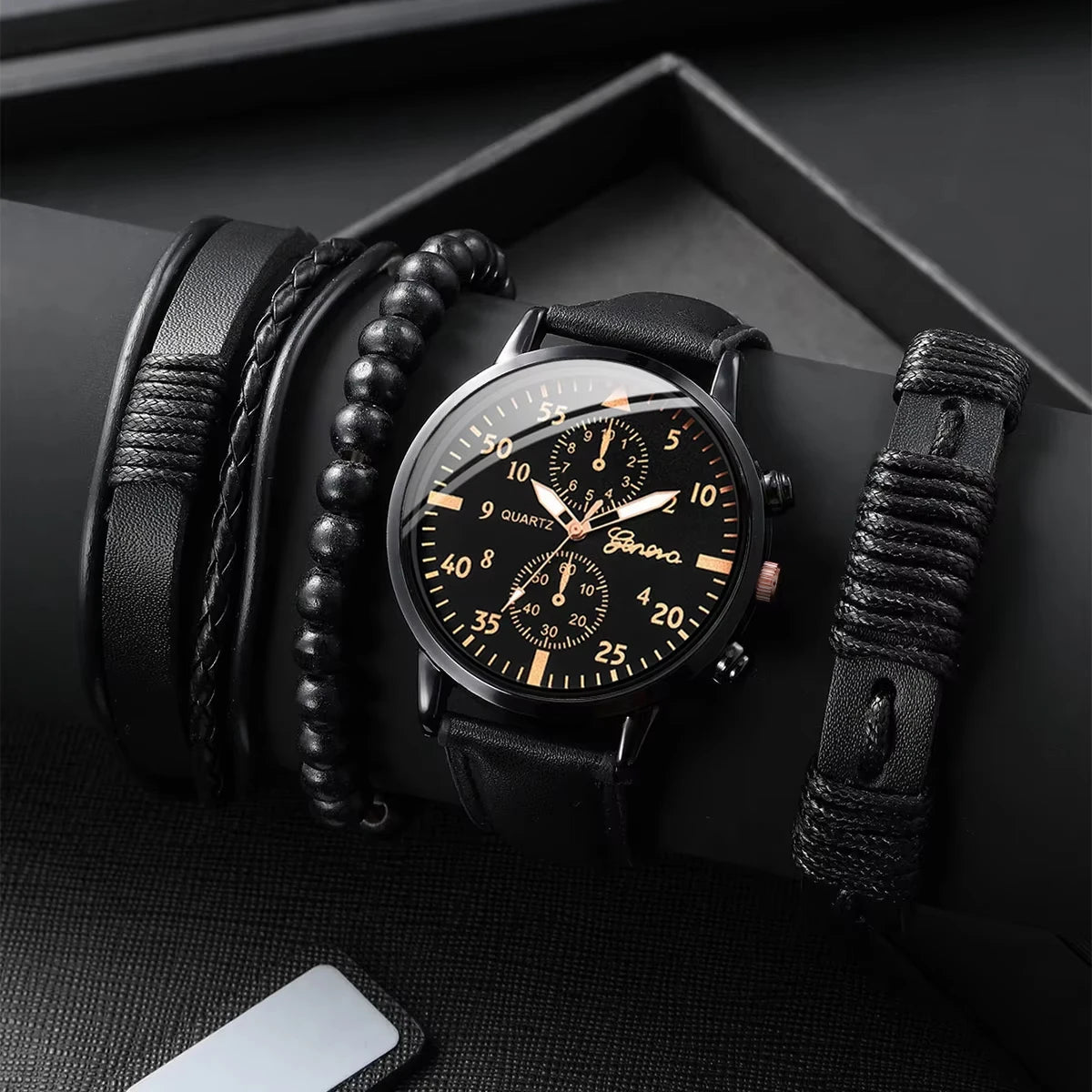 4PCS Men's Business Watches Fashion Leather Band Analog Quartz Watch with Woven Bracelets Set（Without Box）