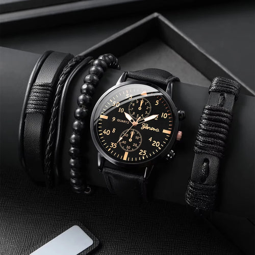 4PCS Men's Business Watches Fashion Leather Band Analog Quartz Watch with Woven Bracelets Set（Without Box）