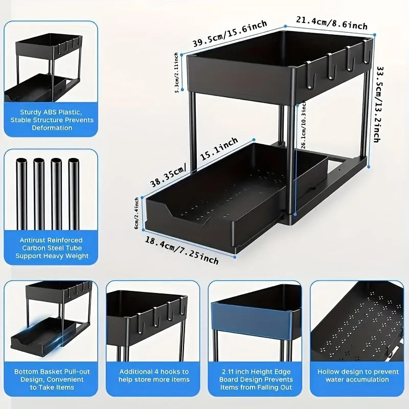 Multi Function Pull Out Under Sink Organizer 2 Tier Slide Out Storage Basket with Hooks Storage Cups for Kitchen Bathroom Home