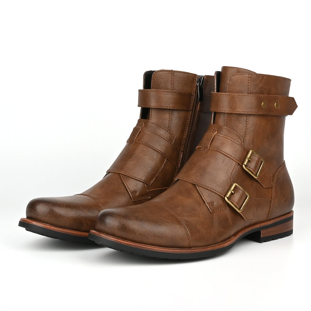 Mens Minimalist Vintage Metal-buckle Side-zip Low-heeled Denim Boots