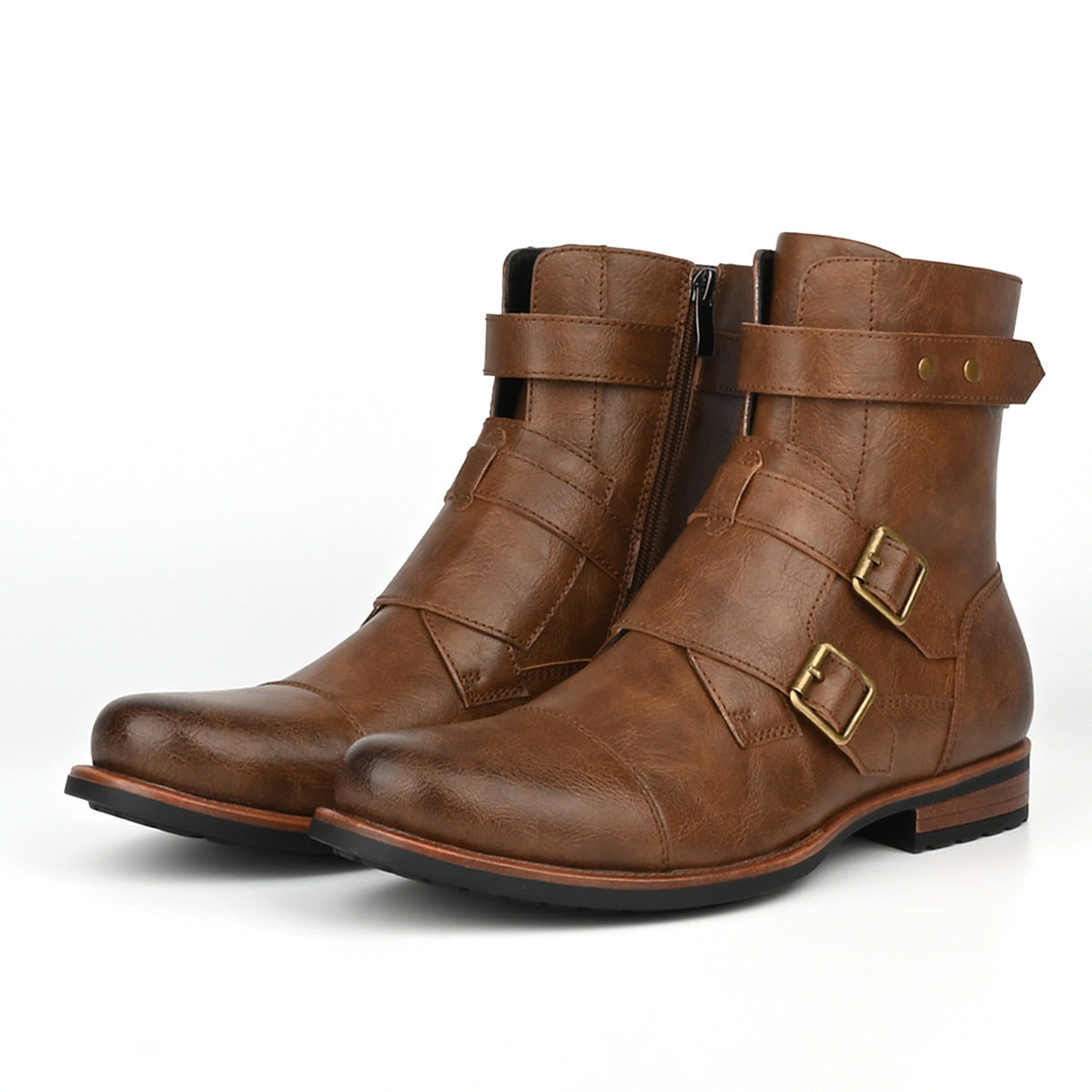 Mens Minimalist Vintage Metal-buckle Side-zip Low-heeled Denim Boots