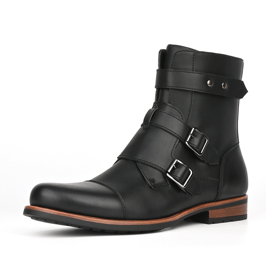 Mens Minimalist Vintage Metal-buckle Side-zip Low-heeled Denim Boots